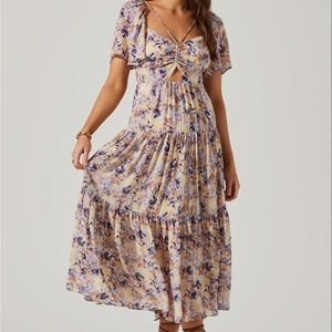 FLORAL CINCHED BUST CUTOUT CENTER MIDI DRESS